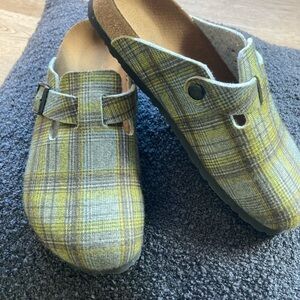 Birki’s by Birkenstock Boston.  Yellow and gray plaid flannel.